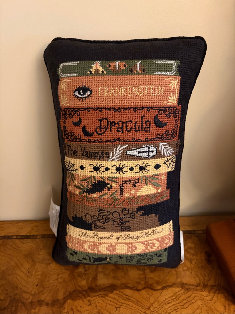 Halloween Stacked Classic Horror Book Needlepoint Pillow - Black and Orange